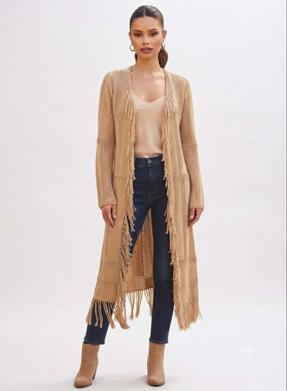 Don't Mess With Texas Suede Crochet Fringe Duster Cardigan Size S